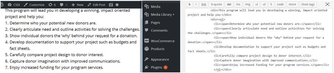 How to Accept Donations Online: Finished Webpage compared to HTML Ordered List Snippet.