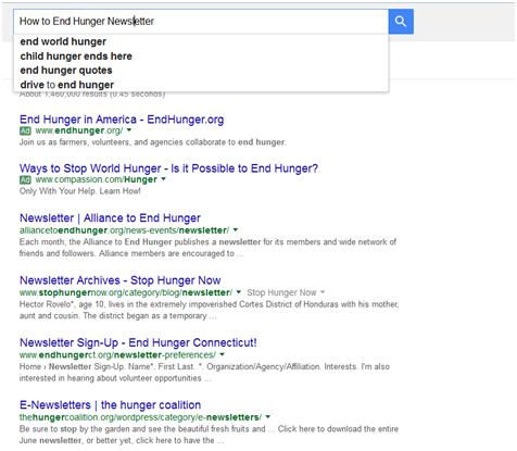 Landing Pages and Keywords: How to End Hunger Newsletter Google Search Results