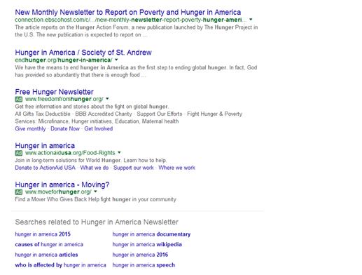 Landing Pages and Keywords: Hunger in America Google related search results at bottom