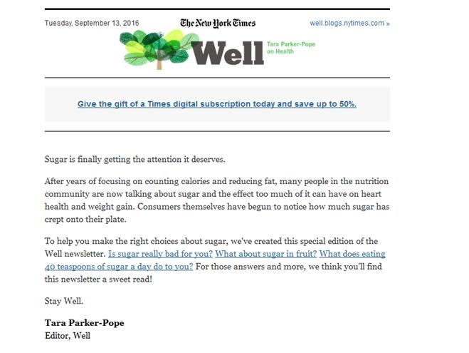 Nonprofit Email Newsletters: NYT Well Sugar