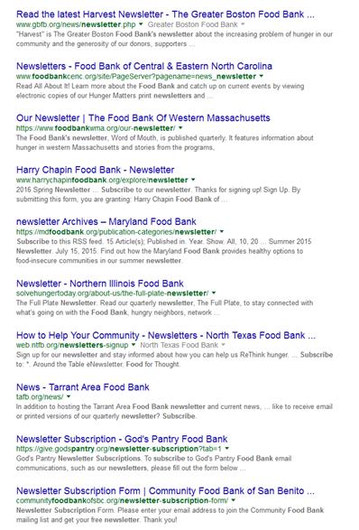 Landing Pages and Keywords: Subscribe to Food Bank News Google Search Results