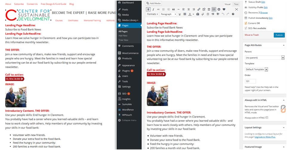 How to Create a Website: Comparing a webpage to how it looks in visual editor.